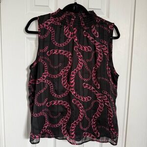 Rachel Zoe High Cinched Neck Sleeveless Sheer Lined Black Pink Chain Print M EUC